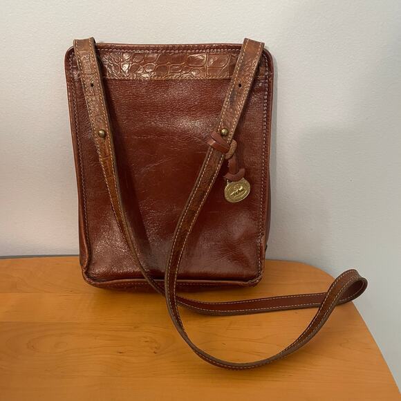 Brahmin Brown Leather Crossbody Bag Croc Embossed Trim Purse Distressed Vintage - Picture 1 of 12